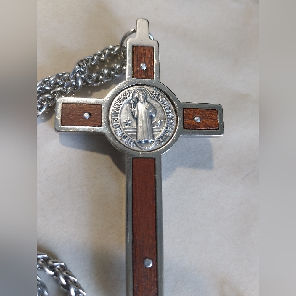 Silver & Brown Crucifix Pendant Necklace - Picture 2 of 10
